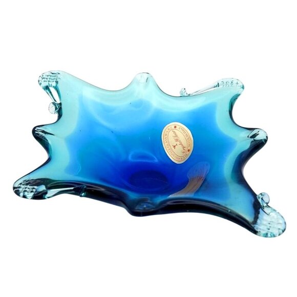 Hand Blown Murano Style Art Glass Trinket Dish Crystal Clear Blue Abstract Italy - Picture 1 of 10